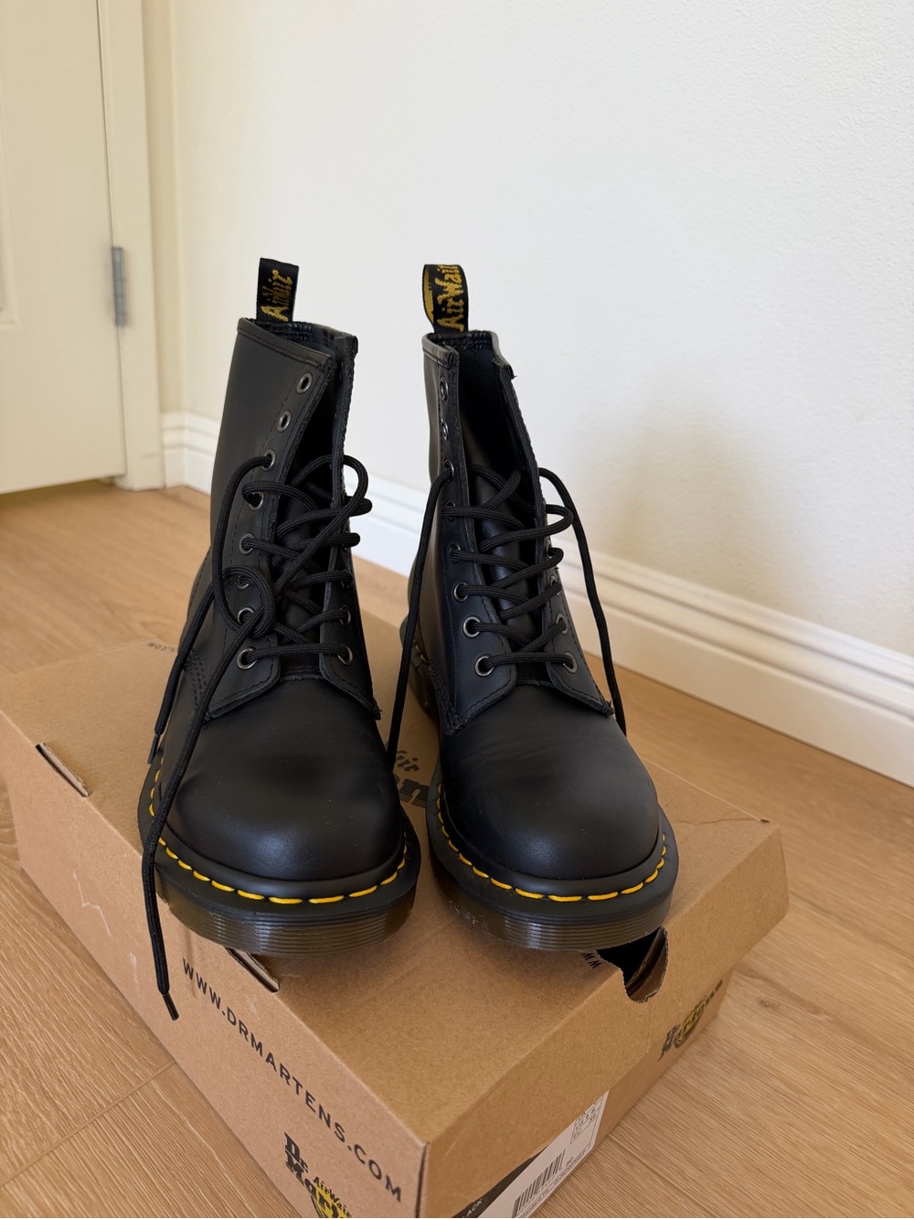 Dr. Martens Black Lace-Up Boots with Yellow Stitching